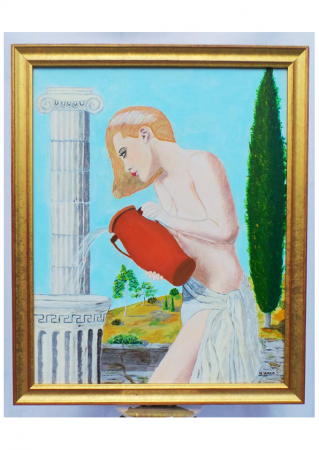 RECTO – VERSEAU : Acrylique sur toile, 50 cm x 40 cm, janvier 2014. Représentation du signe du Verseau au recto et au verso de la toile. La toile est placée entre deux cadres et posée sur un pied tournant. L’appellation de la toile cons